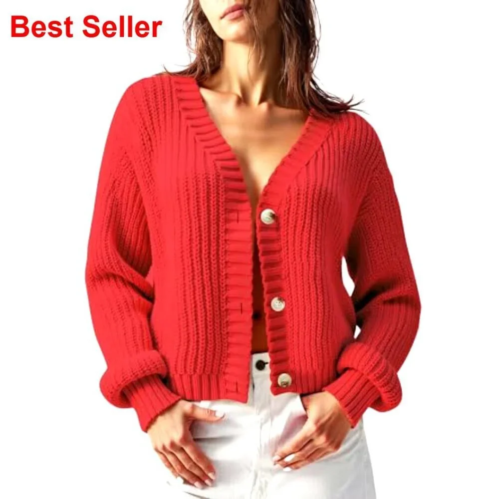Oversized Chunky Knit Cardigan Waffle Texture Button Down V Neck Sweater